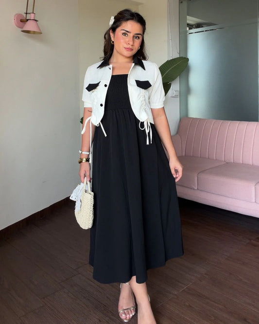 Contrast Collar Dress With Shrug