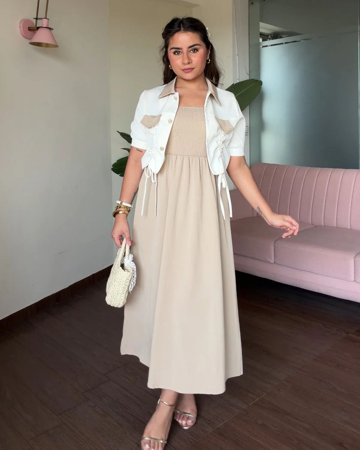 Contrast Collar Dress With Shrug