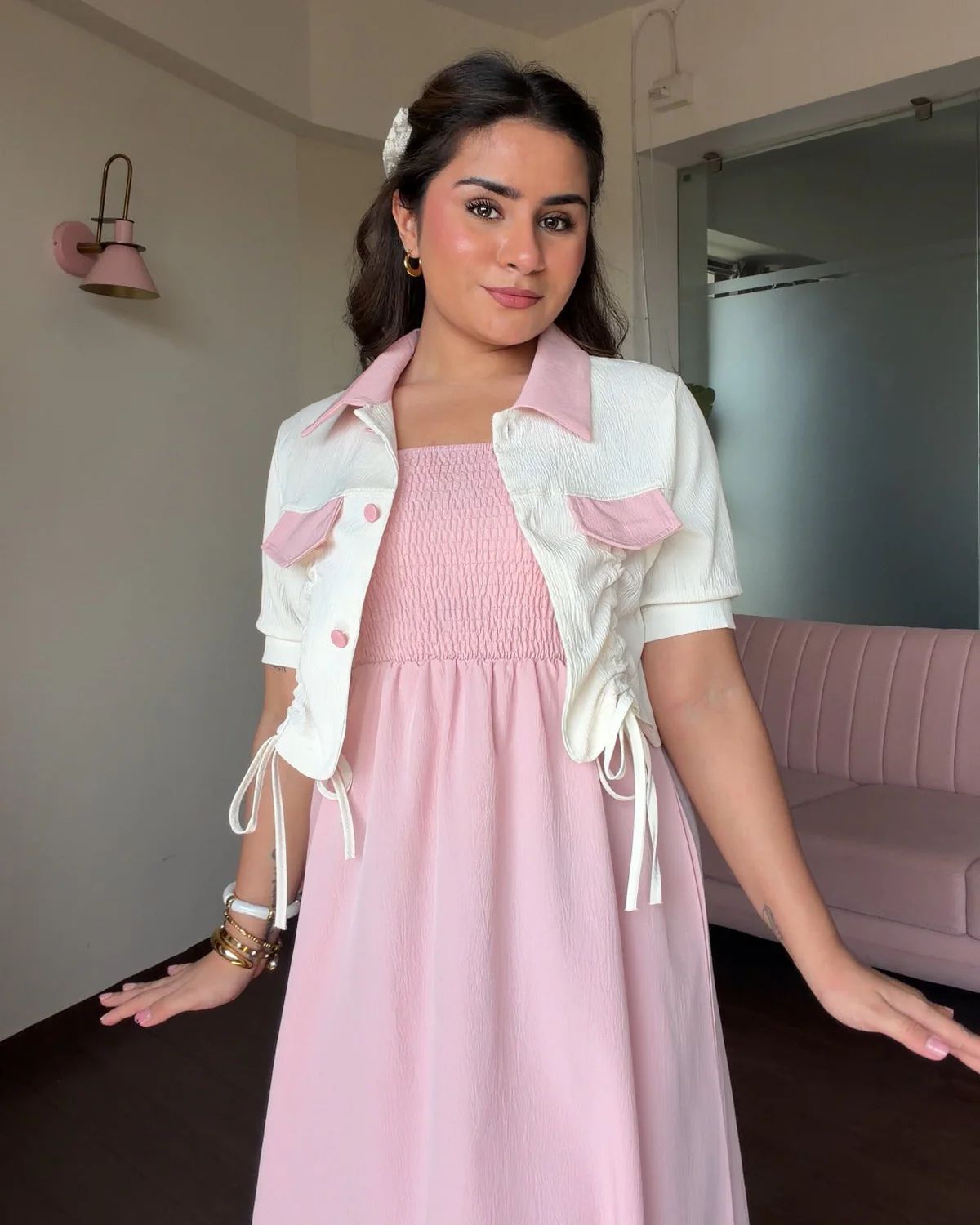 Contrast Collar Dress With Shrug