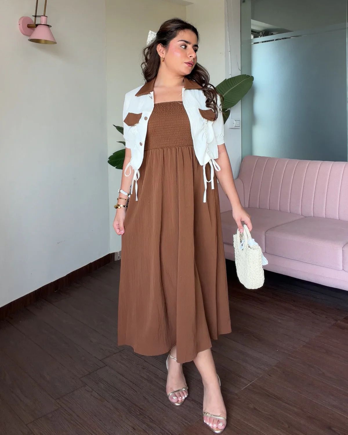 Contrast Collar Dress With Shrug